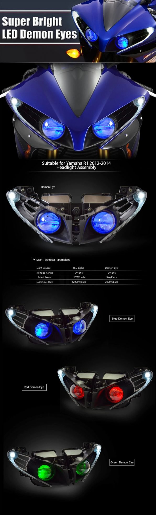 KT LED Headlight for Yamaha R1 2012-2014 - Aliwheels