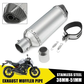 38-51mm Stainless Carbon Fiber Universal Motorcycle Slip-On Exhaust Muffler Pipe Specification: 100% Brand New!!! Model: 644946 Product Name: Exhaust pipe Color: Carbon Material: Stainless Steel Pipe Length: 365mm/ 14.4" Connection inlet Dia: 51mm/ 2" Quantity: One Features: --Durable and high quality. --Durable,no rust,corrosion. --Painted in carbon fiber color . --Exhaust Muffler With Movable DB Killer. --Stainless steel welding adapter allow to fit pipe 38MM-51MM. Fitments (For the reference): Suitable for dirt bike street bike scooter atv quad and any other bike with pipe diameter 38mm-51mm. Note: 1.We provide clear pictures, measurements where possible. Please check as much as possible to make sure the item is the one that you need. 2.Please allow 0.5-1 inch difference due to manual measurement.(1inch=2.54cm) 3.There are no instructions included in this kit.Professional Installation Is Highly Recommended！ 4.Please Compare The Exhaust pipe With Your Original One Before Purchasing！ Package Include: 1x Exhaust pipe